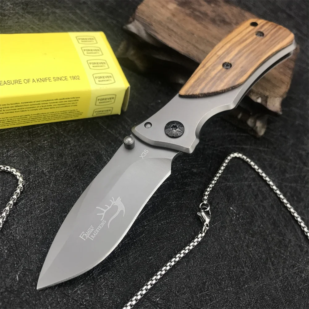 Canivete Dobrável – com Cabo de Madeira de Oliveira | para Fazenda, Lida no campo, Camping, Caça e Sobrevivência