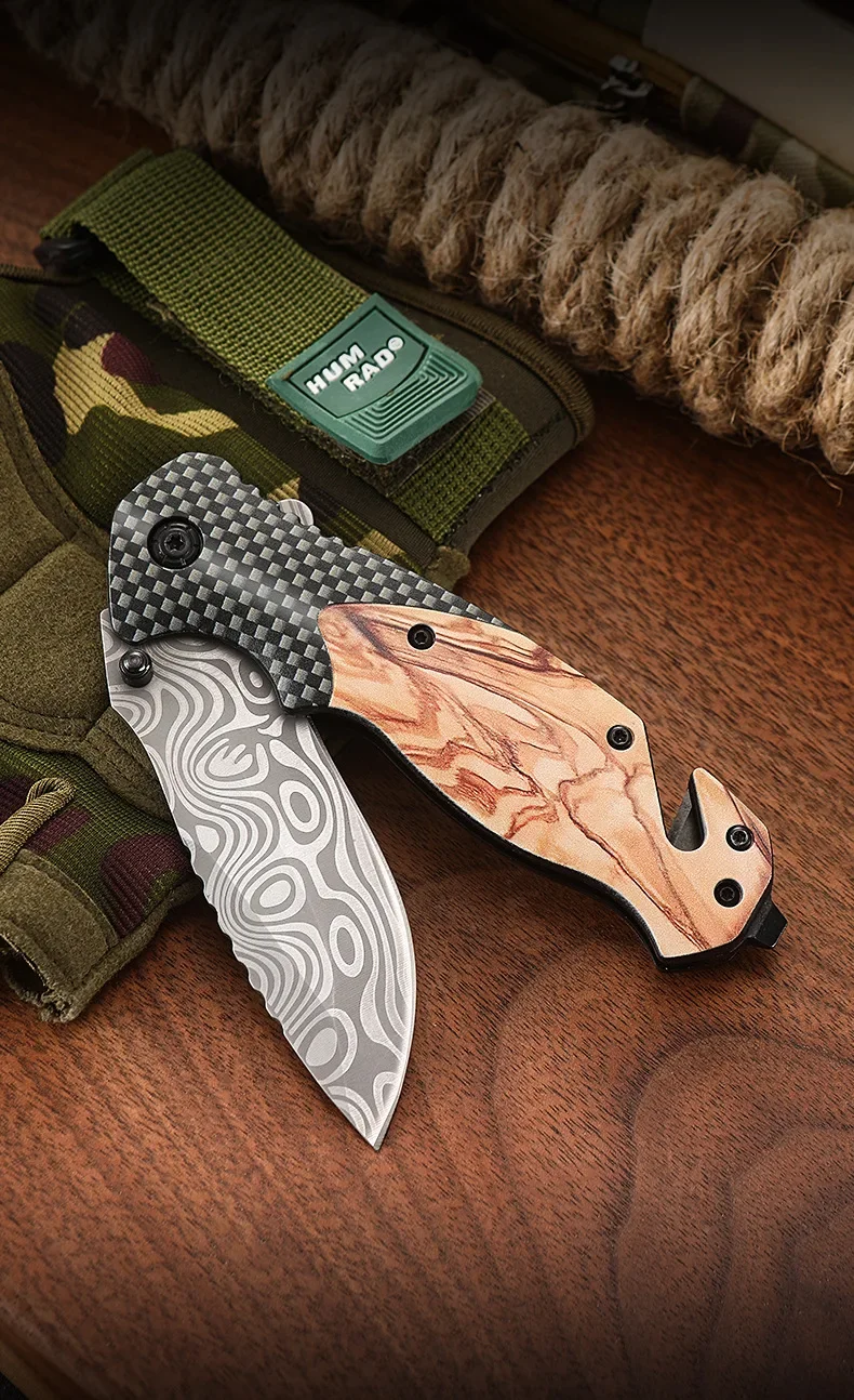 Faca Dobrável em Aço Damasco – Faca Bruta pra Sobrevivência, Camping e Trabalho no Agro - Imagem 4