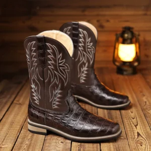 Bota Masculina Estilo Cowboy – Cano Alto com Bordado e Estampa Imitando Couro de Crocodilo | Modelo Western