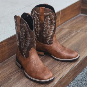 Bota Masculina Western Cano Alto – Estilo Cowboy Retrô com Bordado e Bico Largo